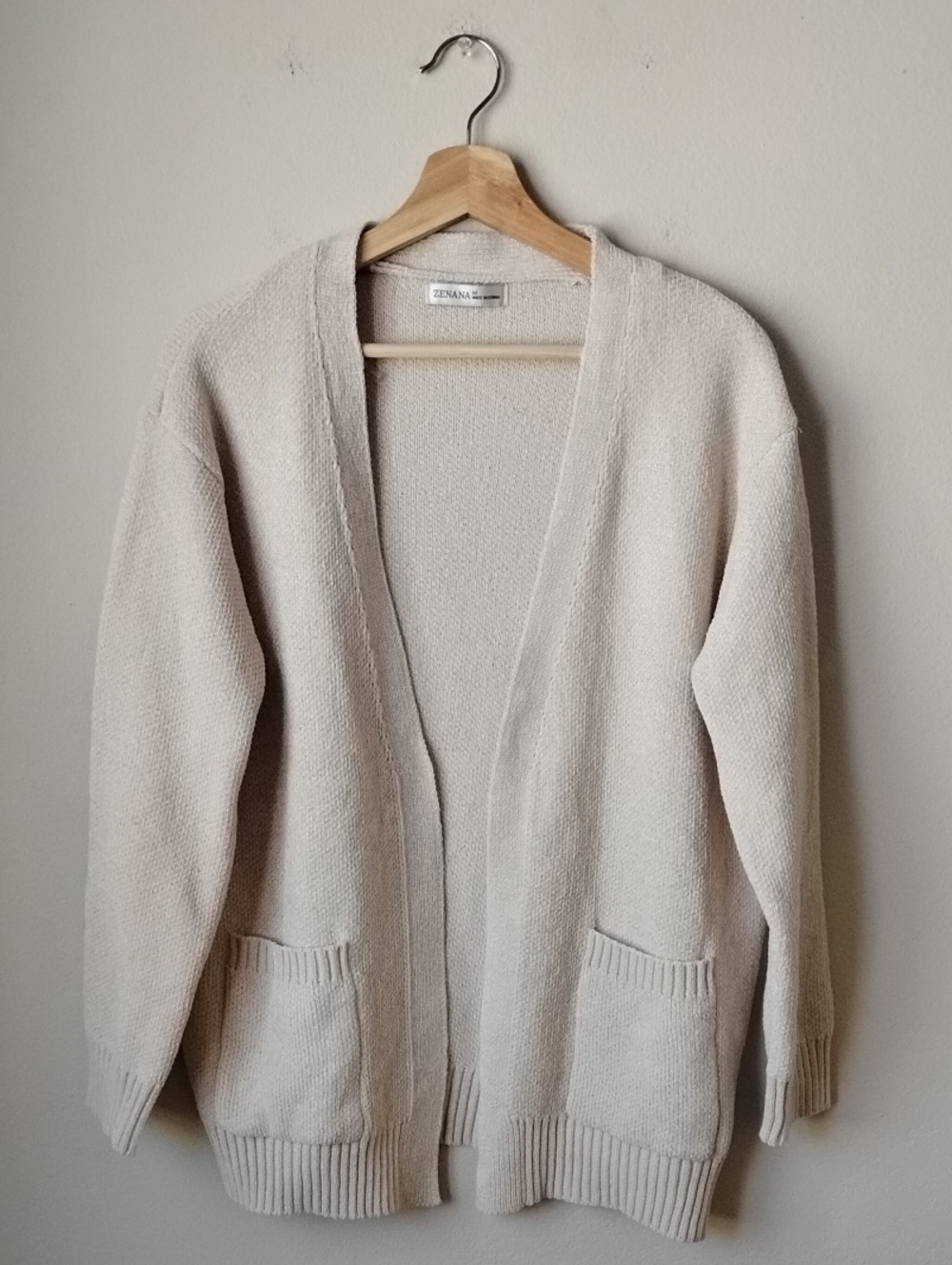 Zenana Size M Light Beige Open-Front Knit Cardigan
